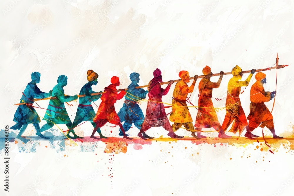 Obraz premium Indian simple geometric style an illustration of a group of people are pulling a long pole
