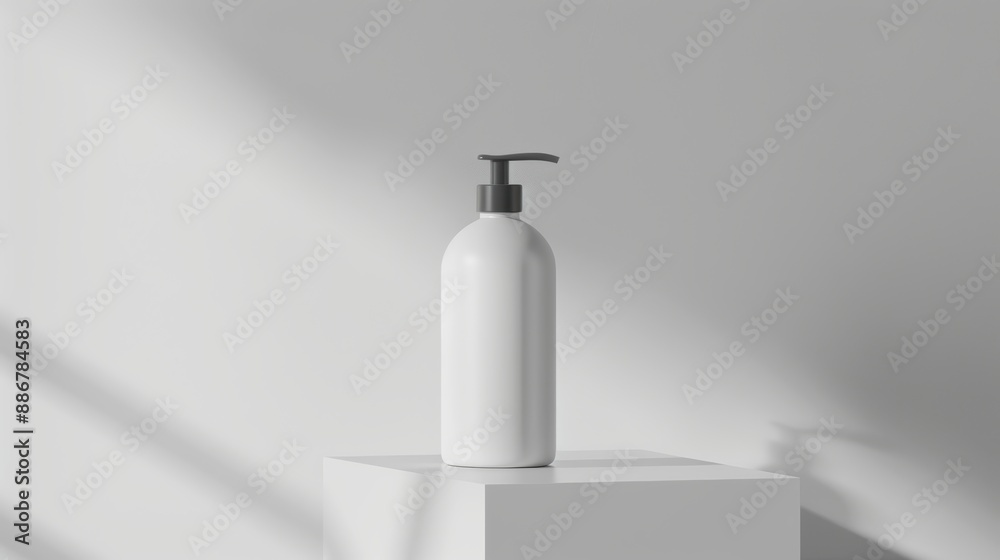 A white bottle of lotion sits on a white pedestal A white bottle of lotion sits on a white pedestal