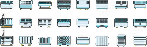 Convector icons set outline vector. Radiator bars. Central climate thin line color flat on white