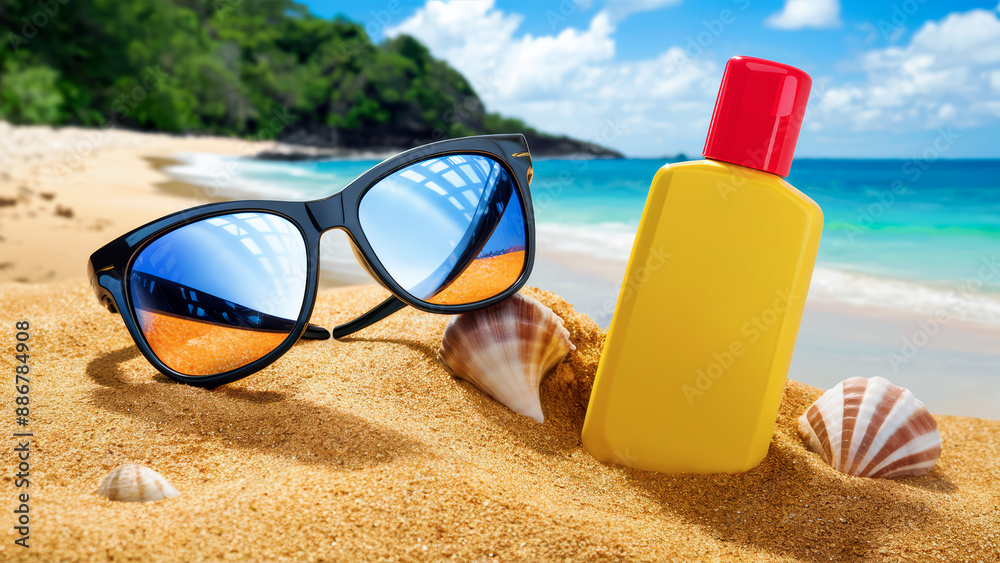 Sunglasses and bottle of sunscreen against ultraviolet rays, placed on the sand with seashells on a tropical beach, highlighting the need for sun protection Sunglasses and bottle of sunscreen against ultraviolet rays, placed on the sand with seashells on a tropical beach, highlighting the need for sun protection