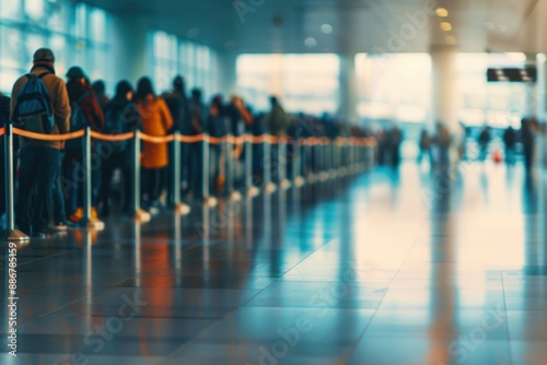 A long line of people waiting at an airport, with a cinematic style, bokeh effect, shallow depth of field Generative AI
