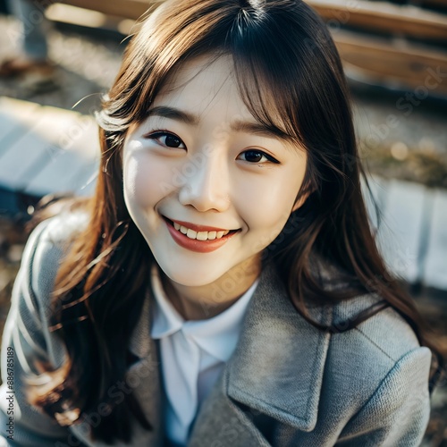 Portrait of a smiling young woman with long brown hair wearing a white blouse and gray coat photo