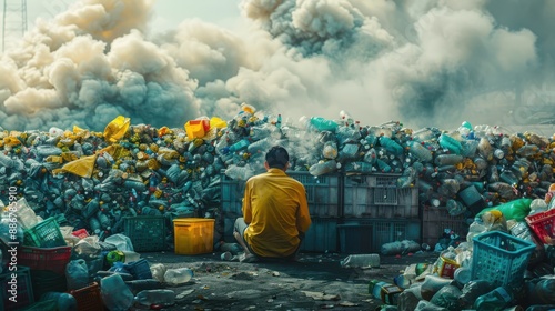 A man sits in a pile of trash, surrounded by plastic bottles photo