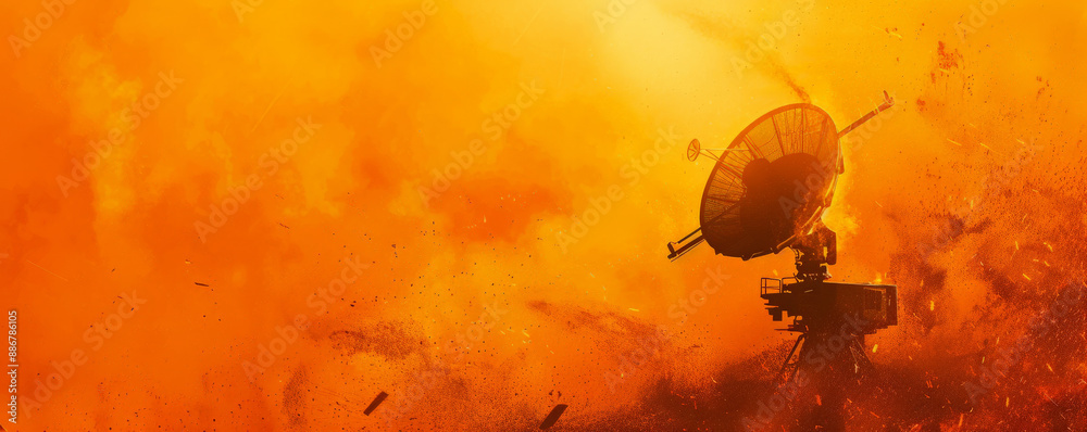 A burning radar system with fierce flames and swirling smoke, isolated on a vibrant orange A burning radar system with fierce flames and swirling smoke, isolated on a vibrant orange