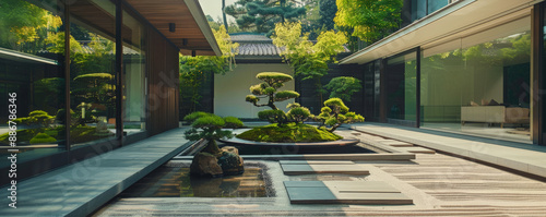 A minimalist zen garden with raked gravel, carefully pruned bonsai trees, and a small koi pond,
