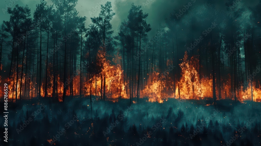 Wildfire consuming a dense forest with intense flames and smoke Wildfire consuming a dense forest with intense flames and smoke