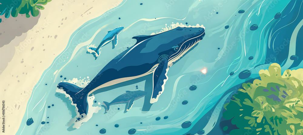 Naklejka premium The Ocean horizontal background with blue humpback, Illustration