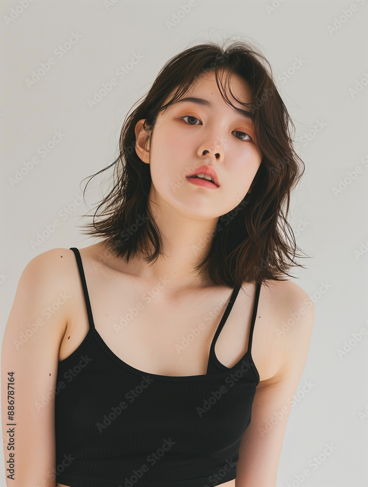 A white-skinned woman, 28 years old. Beautiful Korean woman with shoulder-length hair and short bob hairstyle A white-skinned woman, 28 years old. Beautiful Korean woman with shoulder-length hair and short bob hairstyle
