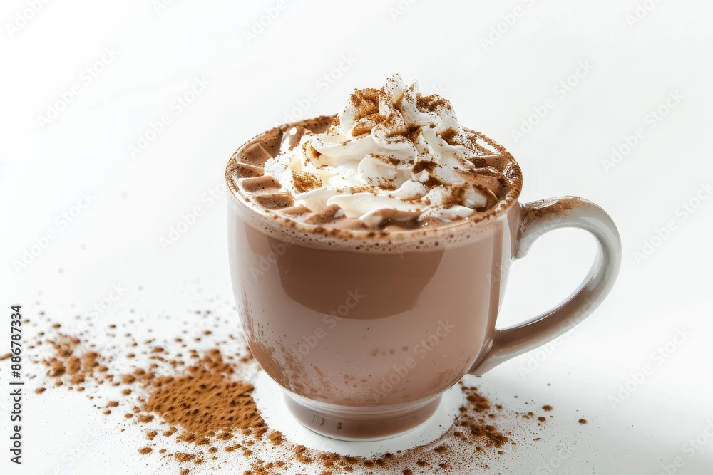 A mug of hot chocolate with whipped cream and a sprinkle of cocoa powder, isolated on a white background