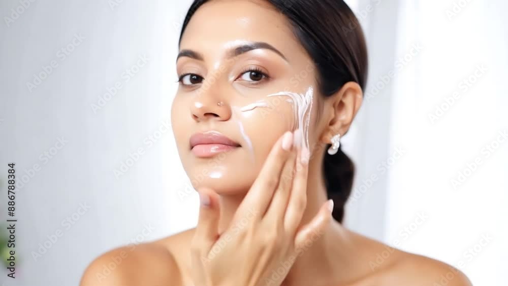 Content woman using a cotton pad to clean her face in the restroom
