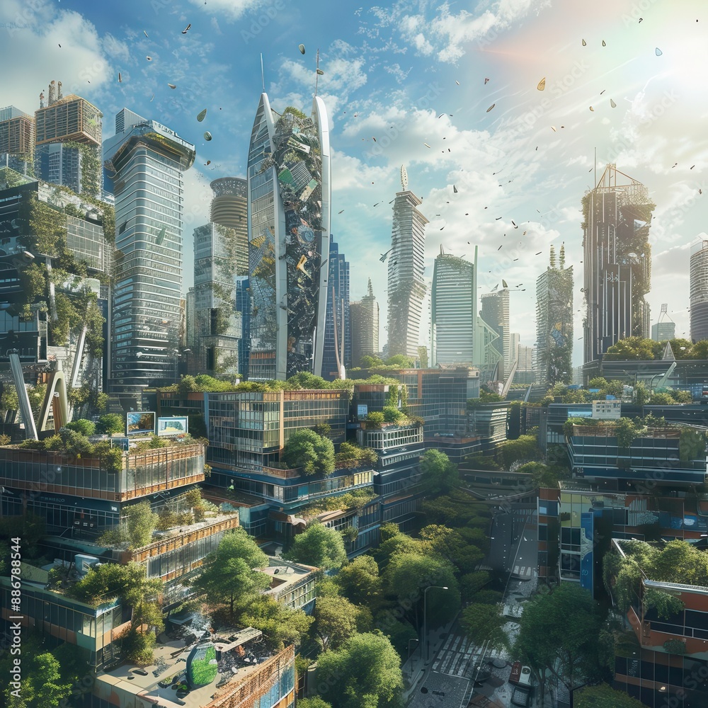 Obraz premium Digital rendering of a city with extensive recycling infrastructure, sustainability, eco-friendly urban living