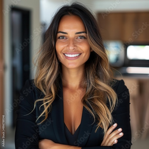 Woman real estate agent looking at the camera happy and proud to be able to do her job in a simple and fast way thanks to Sooprema