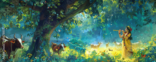A vibrant illustration of Lord Krishna playing his flute under a tree, with cows grazing around him. The scene is filled with lush greenery, and his consort Radha is by his side, listening to his