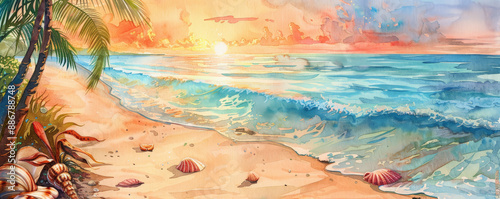 A vibrant watercolor painting of a tropical beach with palm trees swaying in the breeze, turquoise waters, and colorful seashells scattered along the sandy shore. The sky is painted in warm hues of