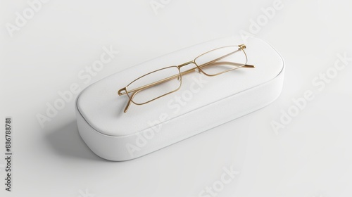 A pair of glasses sits in a white case photo