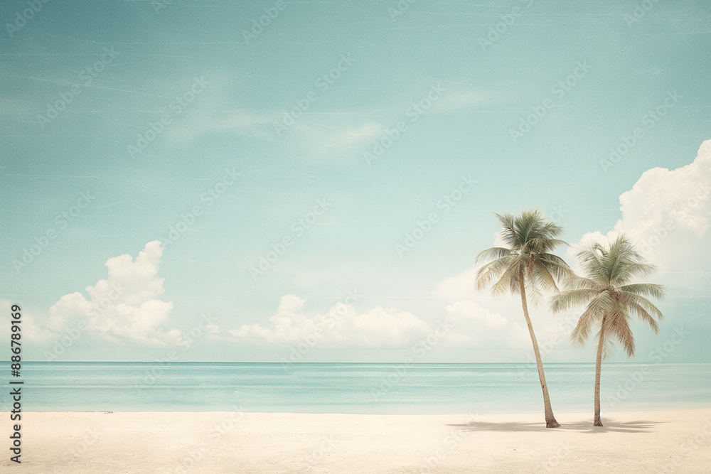 A beach with two palm trees and a blue sky A beach with two palm trees and a blue sky