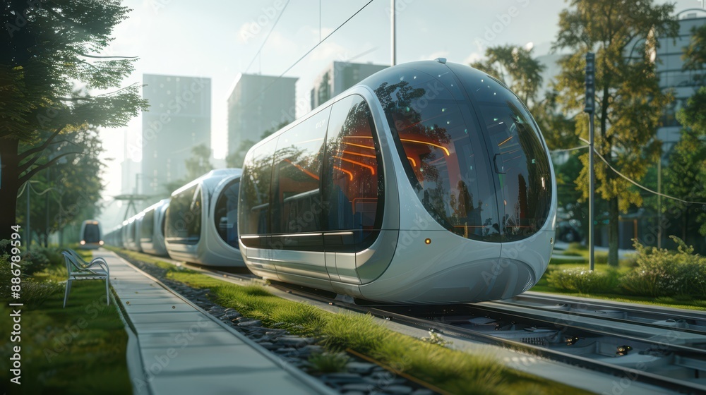 A futuristic train with a glass front is traveling down a track next to a park A futuristic train with a glass front is traveling down a track next to a park