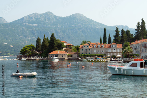 Rose, Montenegro. View of the bay, harbour and mountains