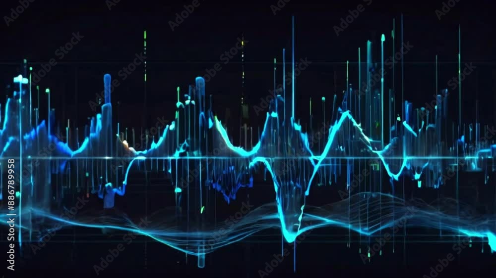 3D animation of blue digital waveforms moving in a rhythmic pattern, symbolizing data transmission or sound waves. Incorporate glowing blue lines and dots, 4K Wallpaper animation video 3D animation of blue digital waveforms moving in a rhythmic pattern, symbolizing data transmission or sound waves. Incorporate glowing blue lines and dots, 4K Wallpaper animation video