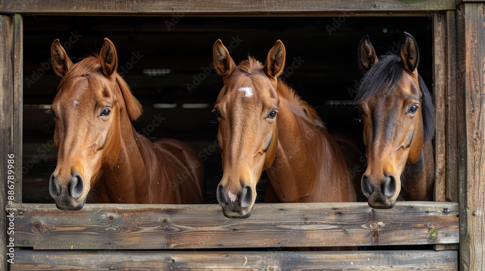 Obraz premium Three horses peering out from a wooden stable, capturing their curious expressions and showcasing their brown coats and beautiful features.