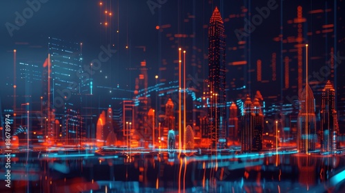 Futuristic cityscape with glowing neon lights and skyscrapers, representing modern architecture and technology advancements.