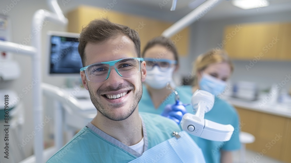 Obraz premium Smiling dentist examining a patient and promoting oral health. Diverse dental team providing expert care and compassion in a professional clinic. Portrait, Realistic Photo, High resolution, Half-body