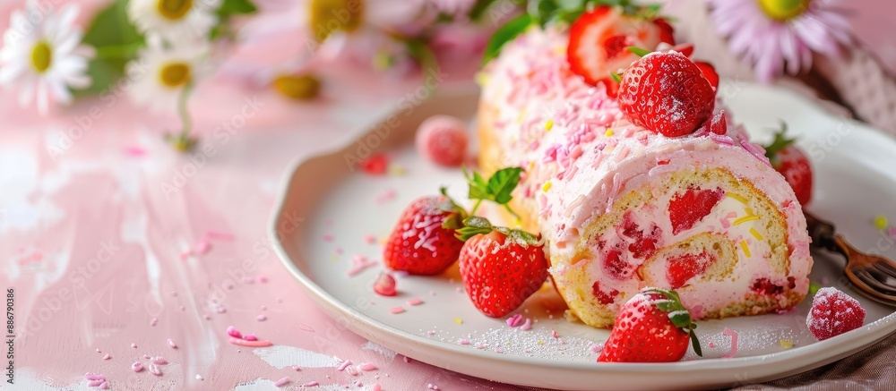 Strawberry Swiss roll cake displayed on a white plate with a pink hue, against a background suitable for adding text or other elements, with copy space image. Strawberry Swiss roll cake displayed on a white plate with a pink hue, against a background suitable for adding text or other elements, with copy space image.