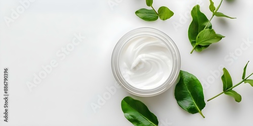 Top view of waterless cream skincare in sustainable organic chemicalfree jar. Concept Beauty Products, Top View Photography, Sustainable Packaging, Chemical-Free Skincare, Organic Ingredients photo