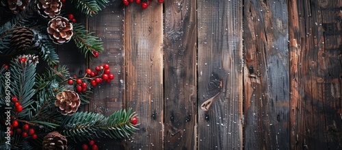 Background with Christmas theme featuring a rustic wooden texture, ideal for displaying text or images; perfect to add a festive touch to your designs - copy space image.