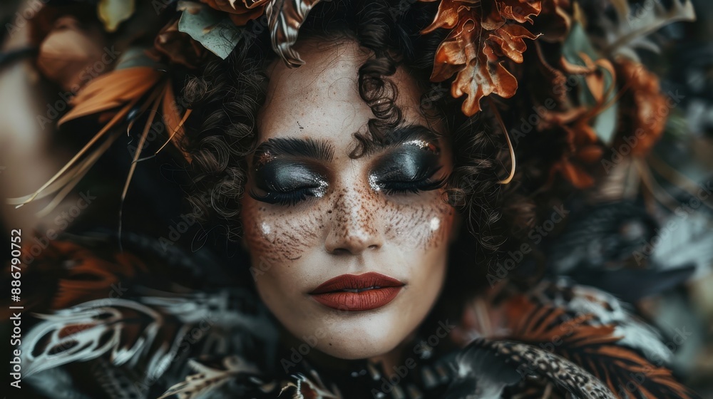 A captivating image of a woman with closed eyes, adorned with feathers and ornate makeup, blending natural elements with artistic expression for a mesmerizing effect. A captivating image of a woman with closed eyes, adorned with feathers and ornate makeup, blending natural elements with artistic expression for a mesmerizing effect.