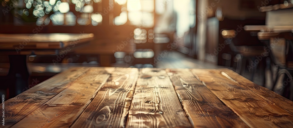 Brown wooden table with shallow depth of field in a cafe setting, suitable as a copy space image for product displays or photomontages. Brown wooden table with shallow depth of field in a cafe setting, suitable as a copy space image for product displays or photomontages.