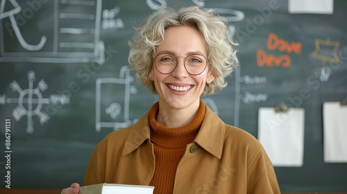 Teacher in a classroom smiling warmly while holding a book in front of a chalkboard filled with educational drawings representing education and dedication Portrait, Realistic Photo, High resolution, photo