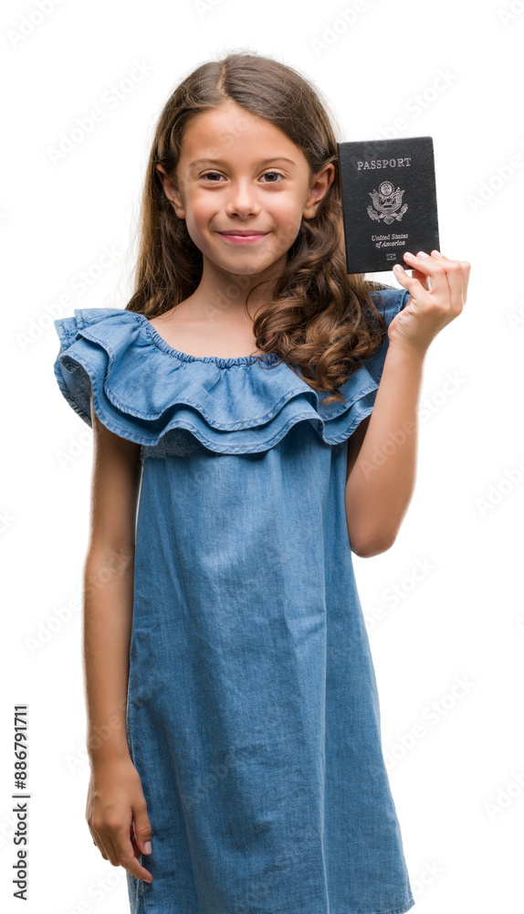 Brunette hispanic girl holding passport of United States of America with a happy face standing and smiling with a confident smile showing teeth Brunette hispanic girl holding passport of United States of America with a happy face standing and smiling with a confident smile showing teeth