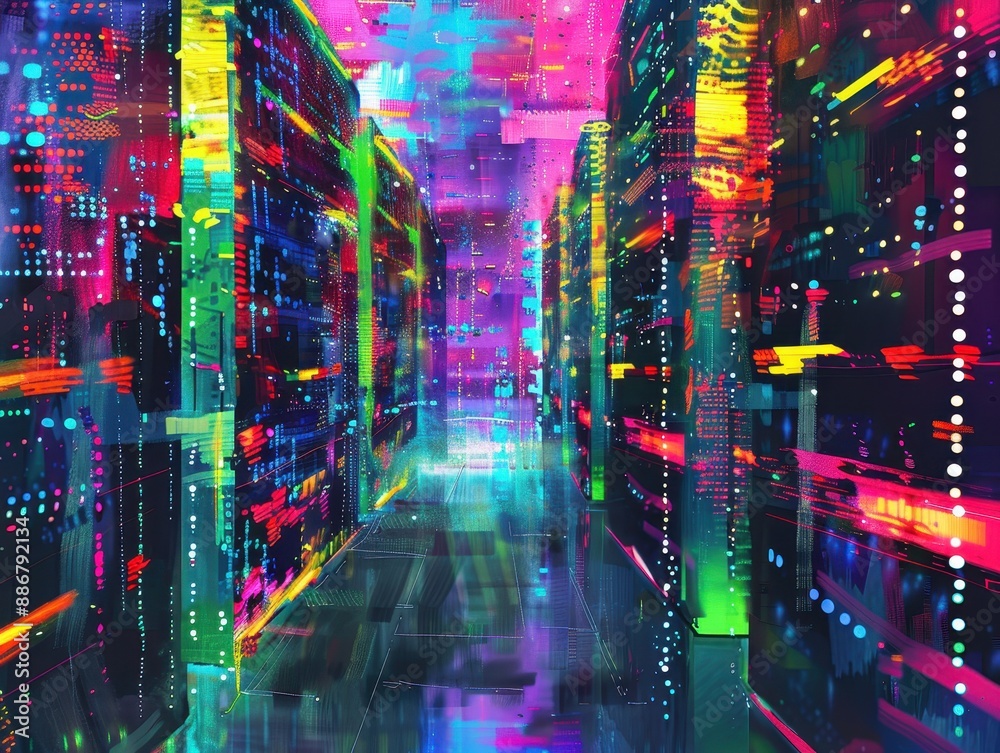 Fototapeta premium Vibrant digital servers in a futuristic data center with colorful neon lights, reflecting modern technology and cyberspace.