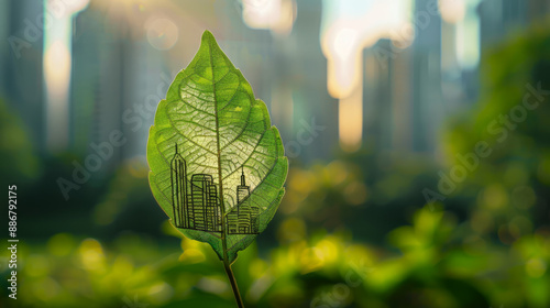 A simple, unadorned photo of a green leaf with a cityscape drawn on it, set against a serene green background, emphasizing urban greening