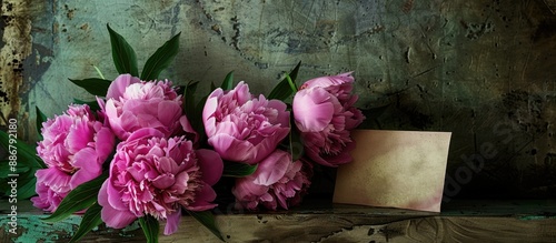 A display featuring a vibrant arrangement of pink peonies next to a greeting card, with a vintage-style copy space image.