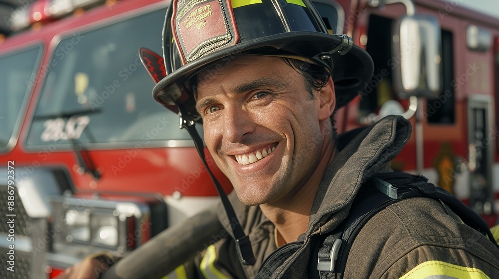 Firefighter in full gear smiling bravely while holding a fire hose in front of a fire engine symbolizing courage and commitment to saving lives Portrait, Realistic Photo, High resolution, Half-body Firefighter in full gear smiling bravely while holding a fire hose in front of a fire engine symbolizing courage and commitment to saving lives Portrait, Realistic Photo, High resolution, Half-body
