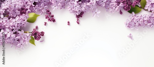 A stunning spring-themed mockup featuring fresh lilac flowers and petals against a white backdrop with space for text, ideal for a flat lay or top-view composition.