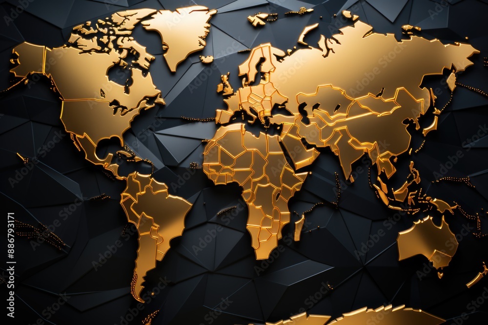 3D Map of the Gold World Bright Map Hippsometric Gold Metal in Black Background , generative IA