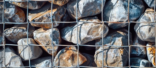 Gabion - wire cage filled with rocks for civil engineering, landscape image with copy space. photo