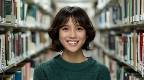 Librarian smiling while organizing books on a shelf in a quiet library representing knowledge, organization, and a love for reading Portrait, Realistic Photo, High resolution, Half-body picture, , © DARIKA