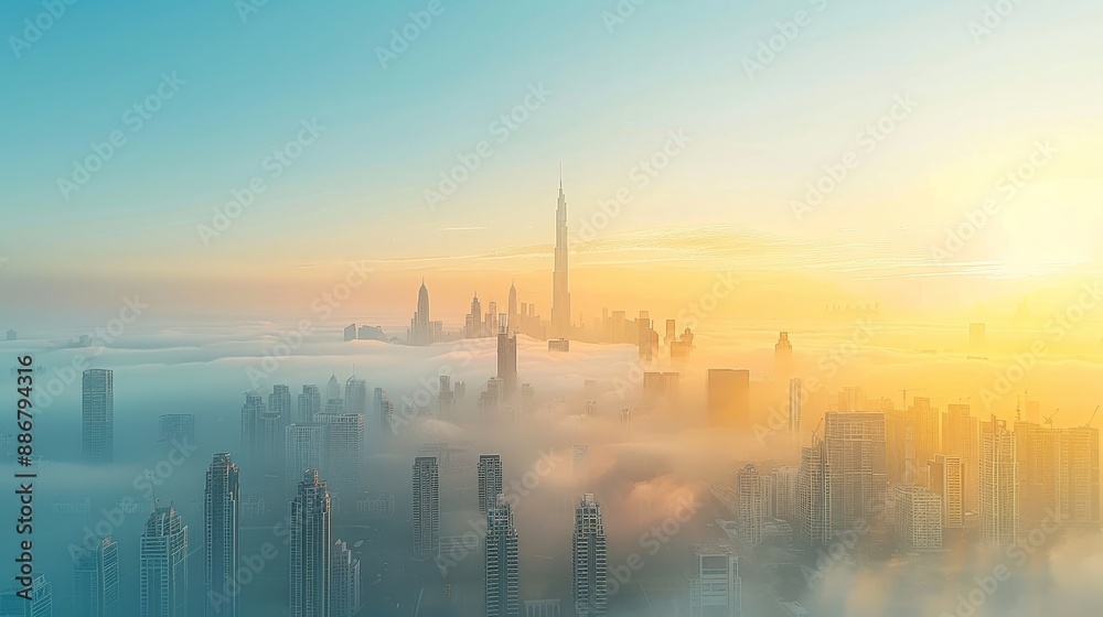 Naklejka premium Sunrise Skyline with Skyscrapers: Captivating Cityscape - Majestic Urban View
