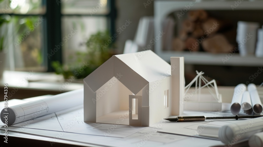 House with blueprint and key on white paper House with blueprint and key on white paper