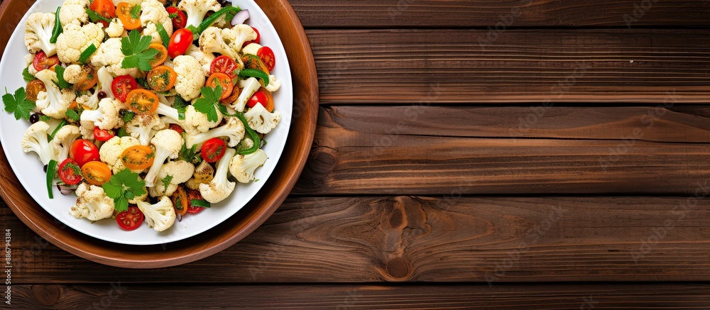 Close-up top view of a healthy cauliflower salad in a white bowl on a wooden background, conveying a nutritious food concept in the copy space image. Close-up top view of a healthy cauliflower salad in a white bowl on a wooden background, conveying a nutritious food concept in the copy space image.