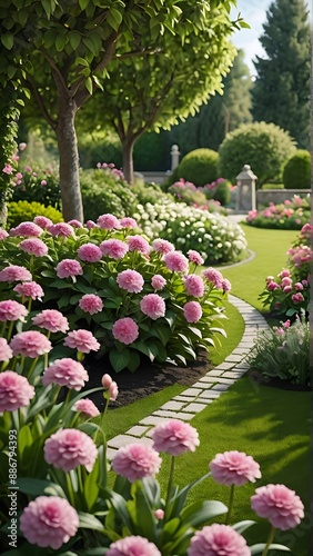 Beautiful garden with pink flowers and green grass