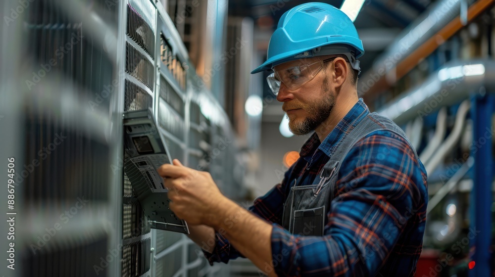 A man in a blue and white plaid shirt is wearing a hard hat A man in a blue and white plaid shirt is wearing a hard hat