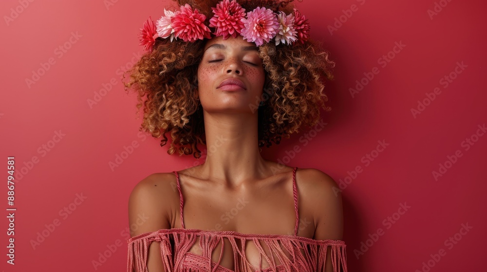 A woman with curly hair and a flower crown closes her eyes, radiating calmness and peace against a pink background, with freckles lightly dotting her serene face.