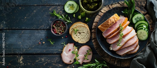 On a dark wooden table lie seasoned pork fatback, rye bread, and pickled cucumbers, creating an appetizing display with room for text in the image. photo