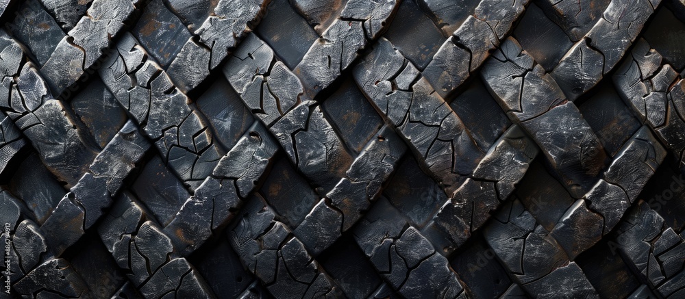 Black rubber tire tread pattern background with a distressed, aged, and worn-out look, ideal for automotive themes, featuring copy space for images. Black rubber tire tread pattern background with a distressed, aged, and worn-out look, ideal for automotive themes, featuring copy space for images.