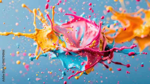 A stunning whirl of pink, yellow, and blue paint creates an energetic mid-air explosion, symbolizing the burst of creativity and emotion in a modern art piece. © svastix